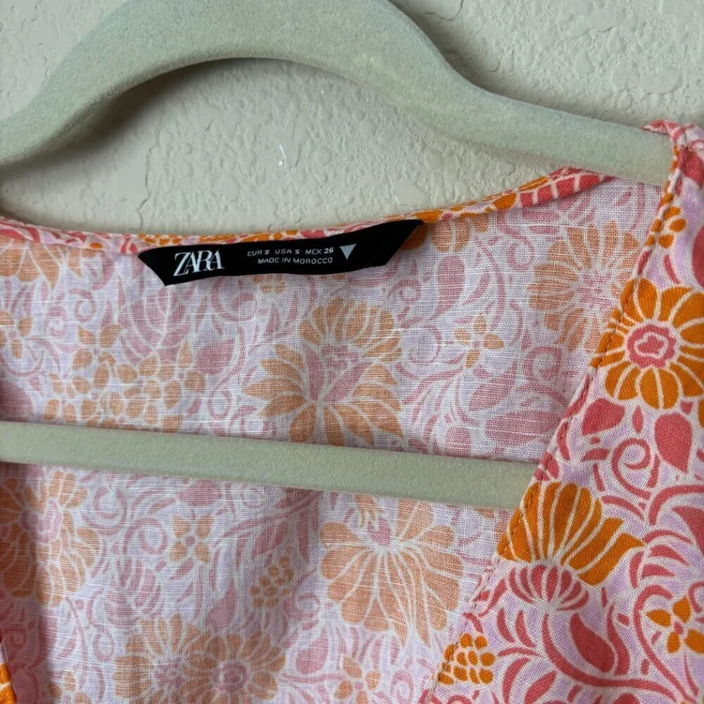 Zara Linen Blend Boho Floral Print Cropped Twist Front Blouse Top - Picture 5 of 8